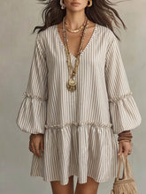 Load image into Gallery viewer, Style Autumn New Women's Long Sleeve Dress Stripe Print V-Neck Lantern Sleeve Loose Mini Dress
