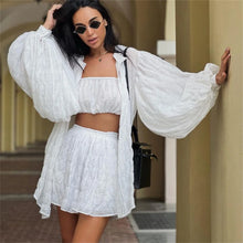 Load image into Gallery viewer, Women White 3 Piece Sets Summer Casual Lantern Long Sleeve Cardigan Tops Shorts Suits Lady Spring Soft Three Piece Outfit
