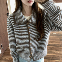 Load image into Gallery viewer, Color-block Striped Lapel Collar Loose Fit Knit Cardigan
