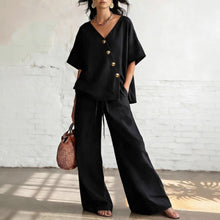 Load image into Gallery viewer, Women's Fashion Casual Solid Color V-Neck Loose Short Sleeve Top with Drawstring Pants Two-Piece Set
