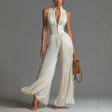 Load image into Gallery viewer, White Pleated Strap Neck Long Wide Leg Jumpsuit
