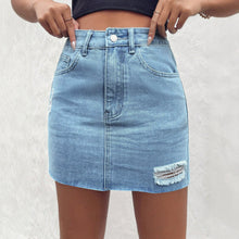 Load image into Gallery viewer, Perforated elastic women's waist hugging denim skirt

