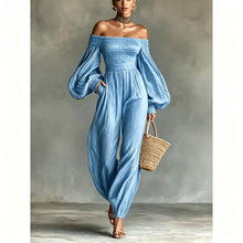 Load image into Gallery viewer, Style Off-Shoulder Lantern Sleeve Pleated Loose Jumpsuit for Women
