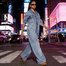 Load image into Gallery viewer, Women's Denim Jumpsuit with Button Front Long Sleeve Bodysuit
