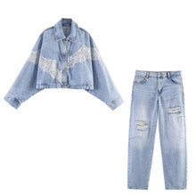 Load image into Gallery viewer, Lace denim jacket+denim women's clothing
