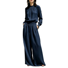 Load image into Gallery viewer, Casual Solid Color Long Sleeve Stand-up Collar Loose Fit Women's Fashion Set BlouseWide-leg Pants

