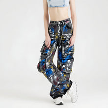 Load image into Gallery viewer, Spray painted graffiti multi pocket workwear straight leg jeans for women
