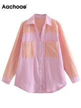 Load image into Gallery viewer, Aachoae Fashion Patchwork Cotton 2 Piece Set Women Long Sleeve Pockets Shirt With High Waist Shorts Striped Print Holiday Sets
