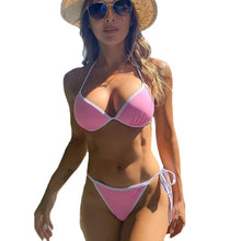 Load image into Gallery viewer, Solid color white-trim high-waist push-up sexy bikini swimsuit halter bikini
