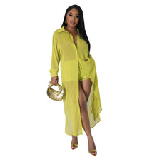 Load image into Gallery viewer, Sexy Perspective Solid Color Chiffon Long Shirt Shorts Beach Two Piece Set New
