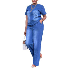 Cargar imagen en el visor de la galería, Fashion Washed Blue Loose Short Sleeve Denim Women's Set Casual Style
