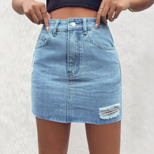 Load image into Gallery viewer, Perforated elastic women's waist hugging denim skirt
