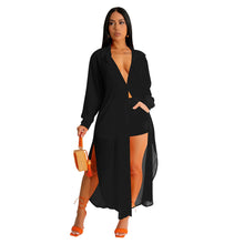 Load image into Gallery viewer, Sexy Perspective Solid Color Chiffon Long Shirt Shorts Beach Two Piece Set New
