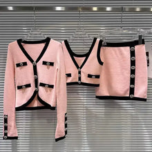 Load image into Gallery viewer, Vintage Elegant Knit 3 Piece Skirt Sets Outfits For Women Long Sleeve Cardigan + Vest + Mini Skirt Stylish Matching Set
