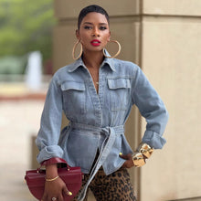 Load image into Gallery viewer, Casual Washed Short Denim Jacket with Pocketand Belted Fit
