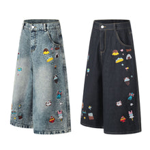 Load image into Gallery viewer, Letter cartoon embroidery eight quarter jeans for women
