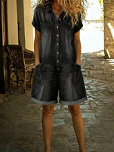 Load image into Gallery viewer, Short Sleeve Multi-Pocket Shirt Washed Denim Look Overalls Shorts
