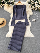 Load image into Gallery viewer, Women Gentle Knitted Two Pieces Suits Soft Sweater Short Top+High Waist Midi Long Skirt Suits Elastic Slim Winter Sets

