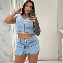 Charger l'image dans la galerie, Women's Denim Dress Set, Short Sleeveless Vest with Raw Hem Pockets and Mini Skirt

