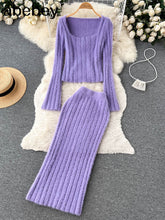 Load image into Gallery viewer, Women Gentle Knitted Two Pieces Suits Soft Sweater Short Top+High Waist Midi Long Skirt Suits Elastic Slim Winter Sets
