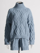 Load image into Gallery viewer, Solid Knitting Two Piece Sets For Women Turtleneck Loose Long Sleeve Sweater High Waist Shorts Casual Set Female
