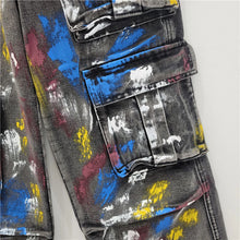 Load image into Gallery viewer, Spray painted graffiti multi pocket workwear straight leg jeans for women
