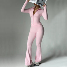 Load image into Gallery viewer, Fitness suit women's zipper long sleeved jacket yoga tight pants micro flared pants
