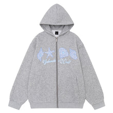 Load image into Gallery viewer, Shell starfish hooded cardigan women's blue plaid embroidered sweatshirt jacket
