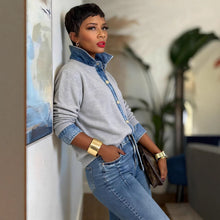 Load image into Gallery viewer, Fashion Patchwork Faux Two-Piece Denim Shirt Collar Metal Button Sweater
