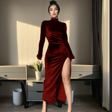 Load image into Gallery viewer, High Neck Long Velvet Dress with Pleats and Slit Fitted SilhouetteAutumn/Winter Fashion
