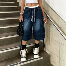 Lade das Bild in den Galerie-Viewer, Workwear Denim Pants with Washed Finish Elastic Drawstring Waist Casual Style Bottoms
