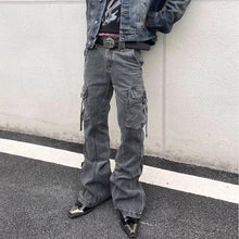 Load image into Gallery viewer, Street Style Distressed Washed Multi-Pocket Flared Cargo Jeans
