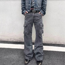 Load image into Gallery viewer, Street Style Distressed Washed Multi-Pocket Flared Cargo Jeans
