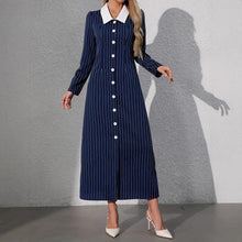 Cargar imagen en el visor de la galería, Striped Print Short Sleeve Buttoned Front Turn-down Collar A-line Dress
