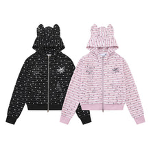 Load image into Gallery viewer, Pink and white striped star rabbit ear hooded cardigan
