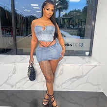 Load image into Gallery viewer, Sexy Strapless Denim Top with Slit Mini Skirt
