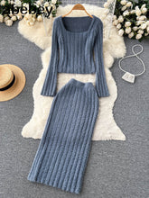 Load image into Gallery viewer, Women Gentle Knitted Two Pieces Suits Soft Sweater Short Top+High Waist Midi Long Skirt Suits Elastic Slim Winter Sets
