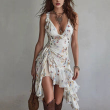 Load image into Gallery viewer, Elegant Women's Chiffon Floral Print Strap V-Neck Ruffled Dress
