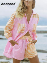 Load image into Gallery viewer, Aachoae Fashion Patchwork Cotton 2 Piece Set Women Long Sleeve Pockets Shirt With High Waist Shorts Striped Print Holiday Sets
