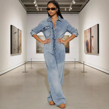 Load image into Gallery viewer, Women's Denim Jumpsuit with Button Front Long Sleeve Bodysuit
