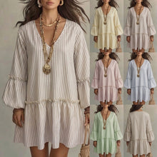Load image into Gallery viewer, Style Autumn New Women's Long Sleeve Dress Stripe Print V-Neck Lantern Sleeve Loose Mini Dress
