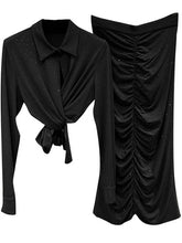 Load image into Gallery viewer, Casual Two Piece Sets For Women Lapel Long Sleeve Tops High Waist Skirt Spliced Diamond Chic Set Female Clothing
