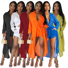 Load image into Gallery viewer, Sexy Perspective Solid Color Chiffon Long Shirt Shorts Beach Two Piece Set New
