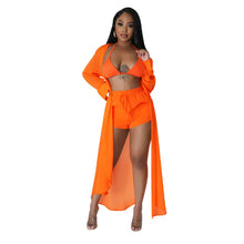 Load image into Gallery viewer, Sexy Perspective Solid Color Chiffon Long Shirt Shorts Beach Two Piece Set New
