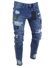 Load image into Gallery viewer, Men's Ripped jeans Badge Letters Hip-hop Skinny Jogging Denim  Fashion Pencil Long Trousers Distressed Jeans For Men Clothing
