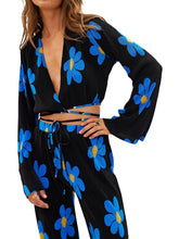 Load image into Gallery viewer, Floral Print Two-Piece Pants Suits Spring Summer Casual Women Pleated Sets Long Sleeve Tie Up Crop Tops+Loose Pants
