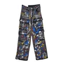 Load image into Gallery viewer, Spray painted graffiti multi pocket workwear straight leg jeans for women
