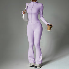 Load image into Gallery viewer, Fitness suit women's zipper long sleeved jacket yoga tight pants micro flared pants
