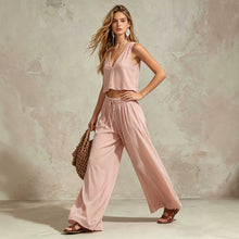 Load image into Gallery viewer, V-neck solid color sleeveless camisole top wide leg pants set
