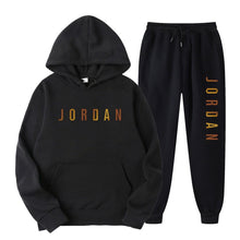 Load image into Gallery viewer, Gold Print Hooded Long Sleeve Fleece Lined Sports Casual Jacket and Pants Set
